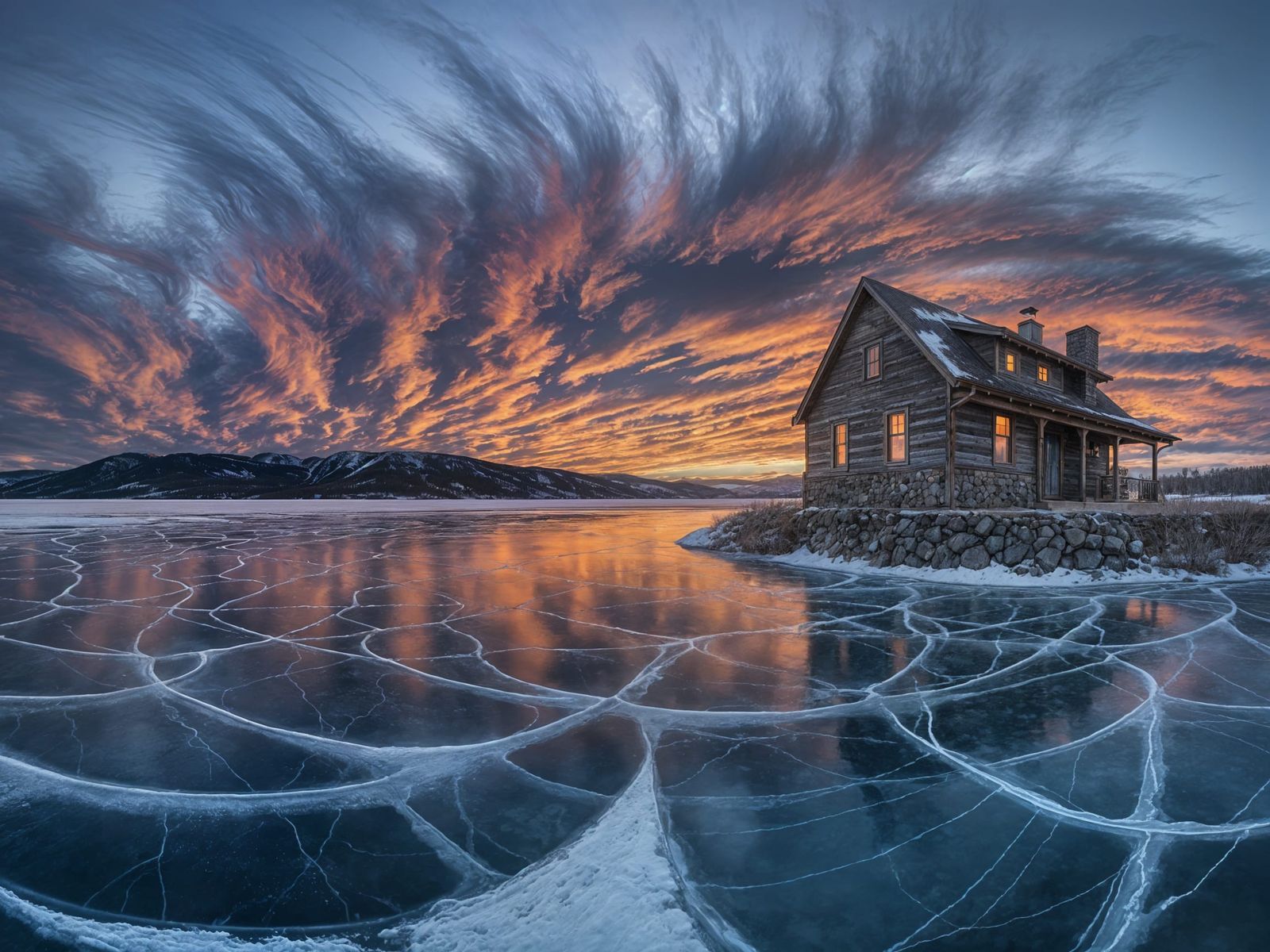 Ethereal Wyoming Sunset over Frozen Lake in Surreal Panorama