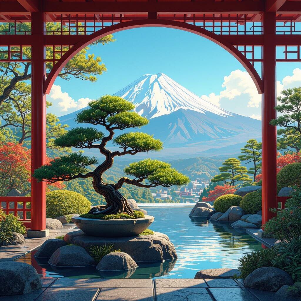 Cyberpunk Japanese Garden with Dwarf Pine and Mount Fuji
