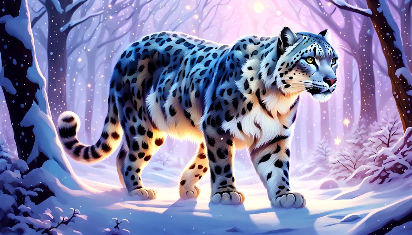Ethereal Snow Leopard Strolls Through Enchanted Christmas Wo...
