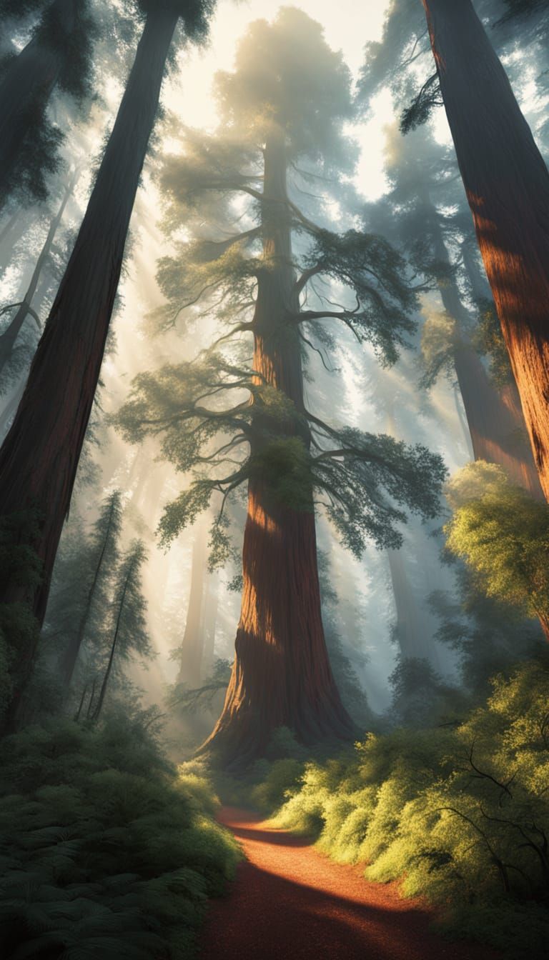Ancient Redwood Forest Path in Ethereal Morning Light
