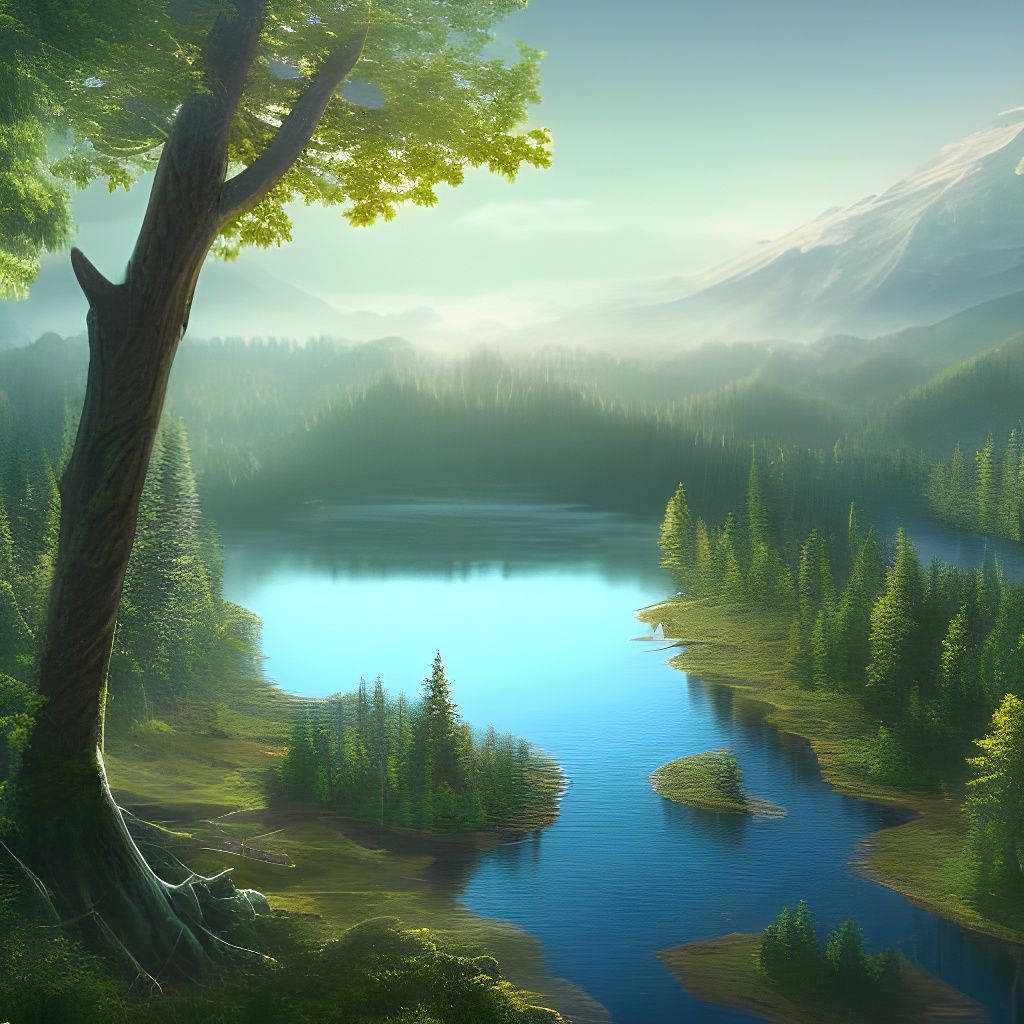 Majestic Lake Amidst Forest: Hyperrealistic Aerial View