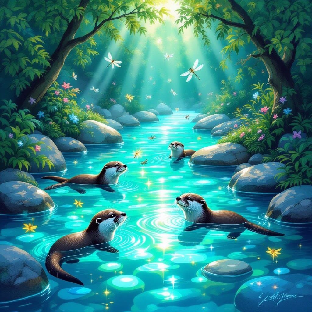 Crystal River Sanctuary with Otters and Glowing Stones