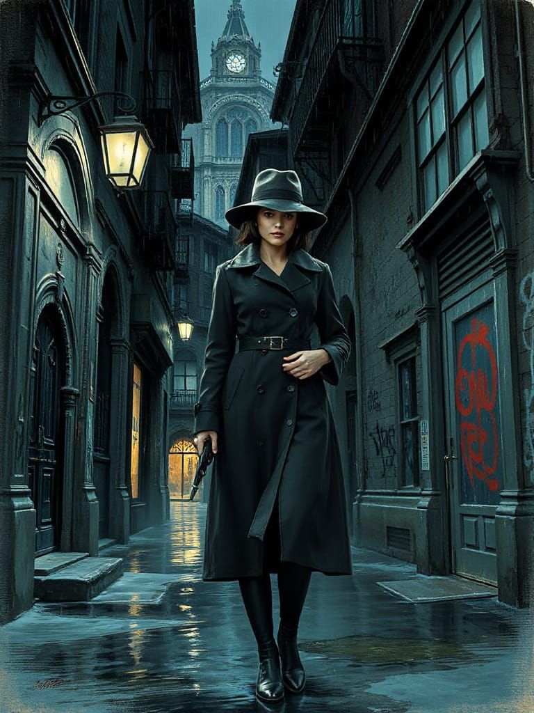Cyberpunk Femme Fatale in Rain-Soaked Alleyway