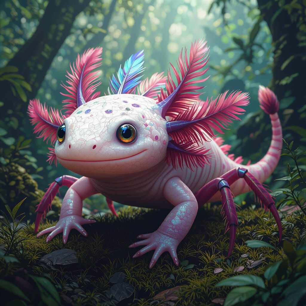 Surreal Axolotl Hybrid Creature in Fantasy Forest