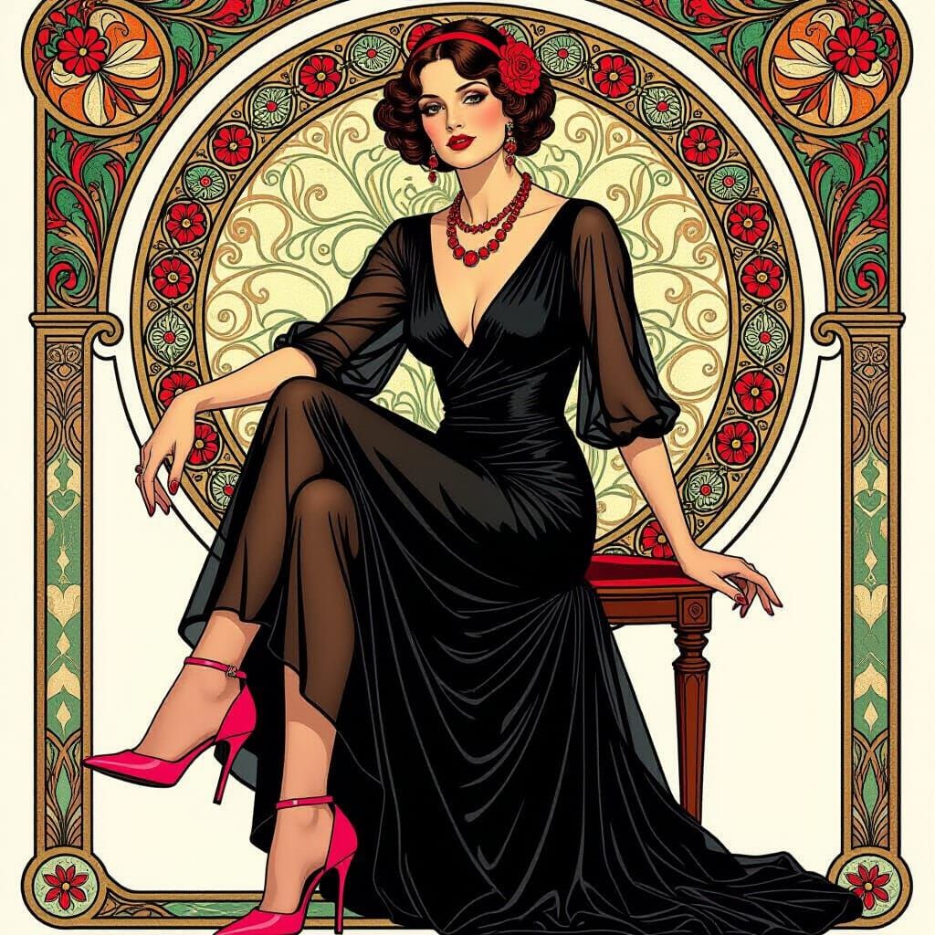Elegant Woman in Sheer Dress, Art Nouveau Style
