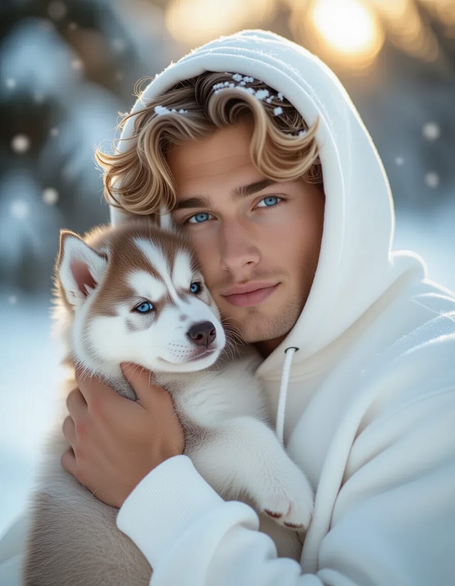 Man and Husky Puppy in Snowy Golden Hour