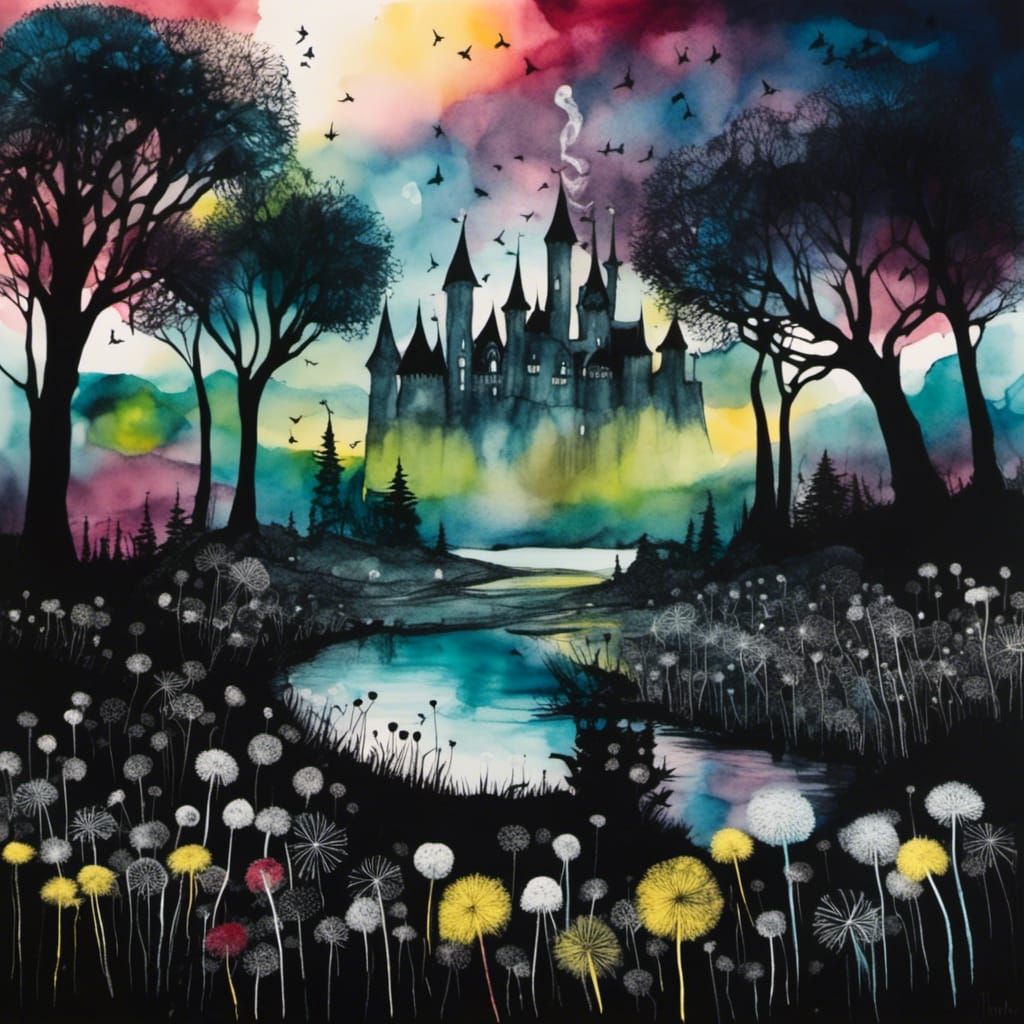 Dandelion Castle in Alcohol Ink Style