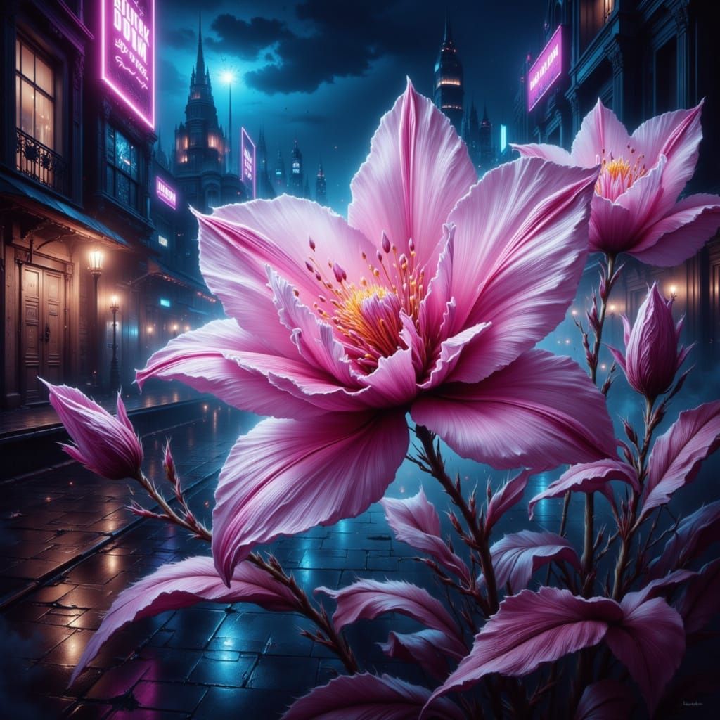 Orchid in the cyberpunk city at night