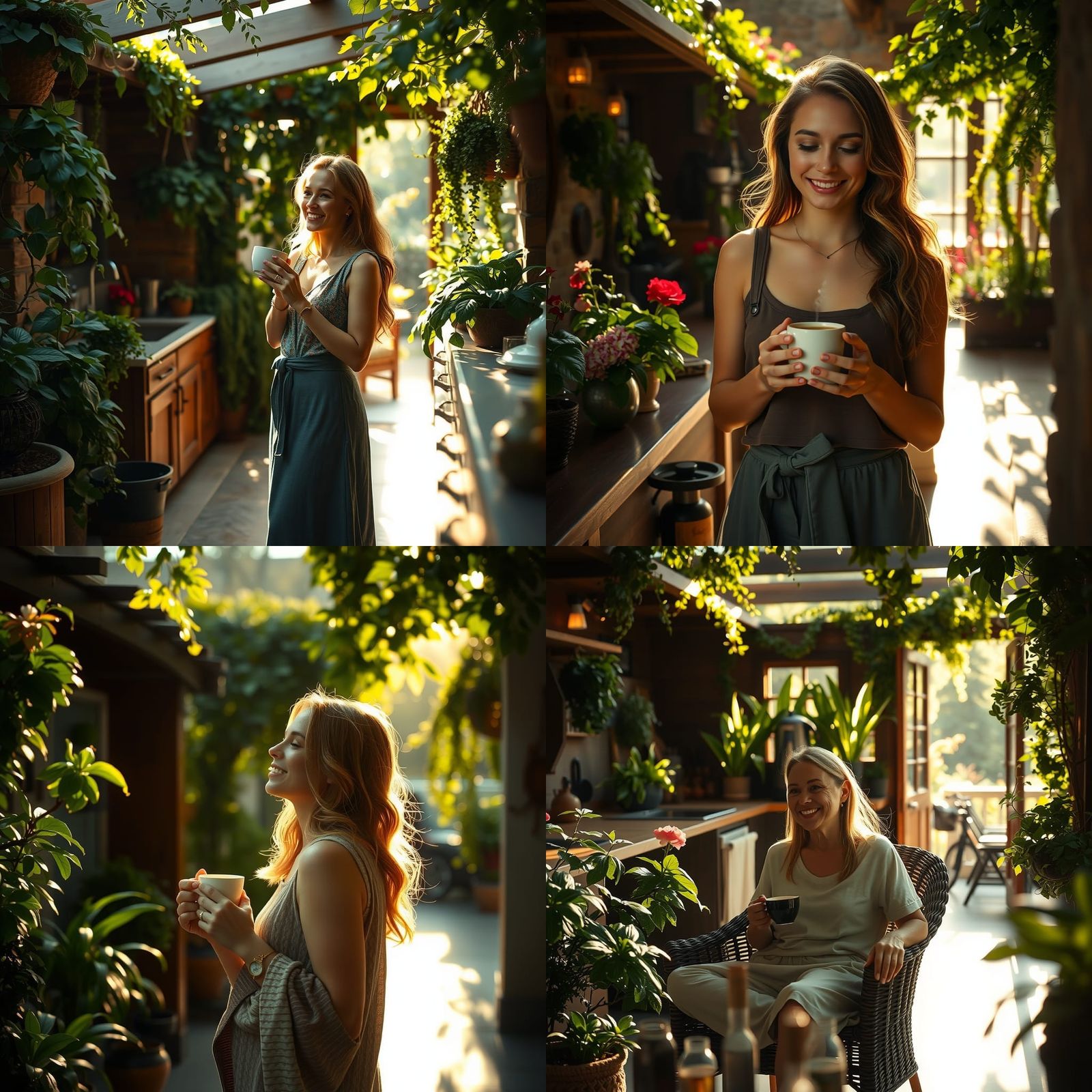 Lush Outdoor Kitchen Scene with Coffee