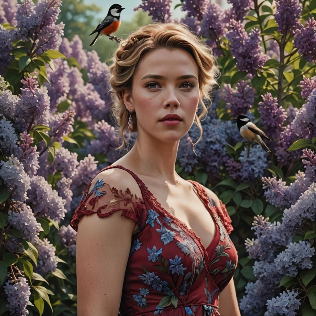 Woman with Chickadee and Lilacs, Hyperrealistic Image