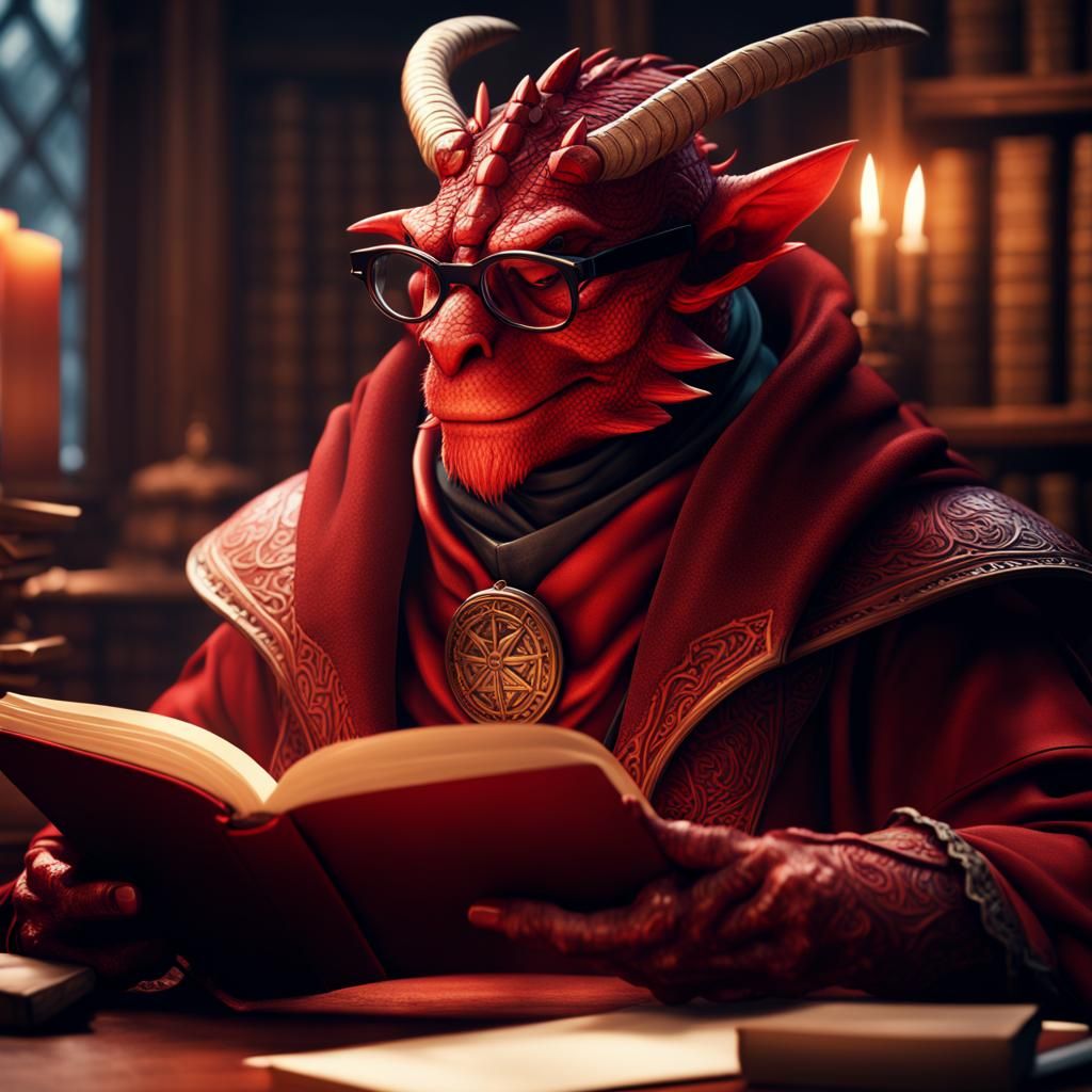 Dragonborn Wizard Reading in Study - Fantasy Art