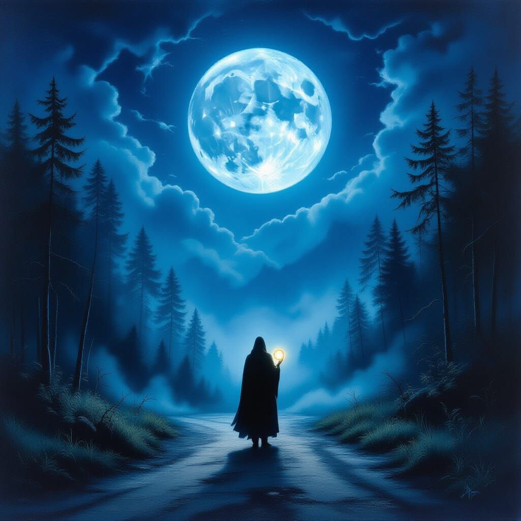 Figure at Crossroads Under Supermoon, Surrealist Oil Paintin...