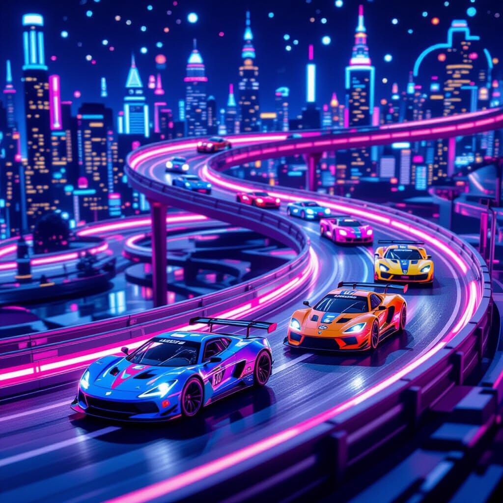 Miniature Cars Racing on Neon Hot Wheels Track