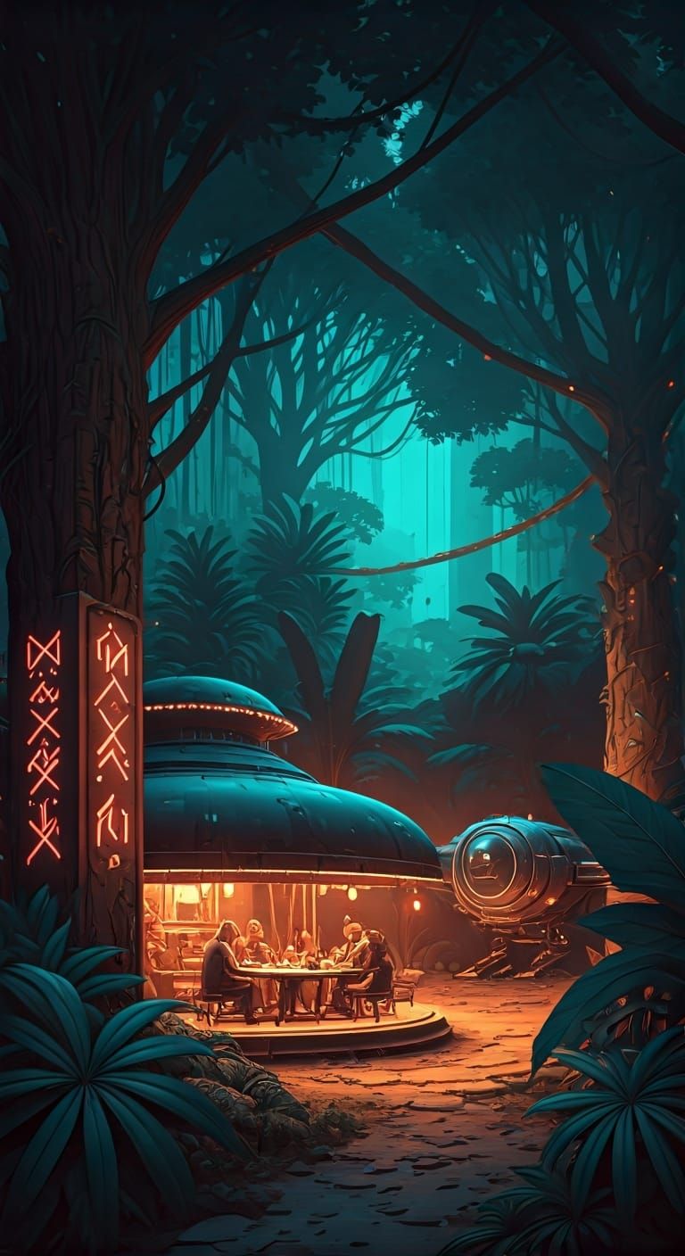 Futuristic Jungle Terrace at Midnight in Cyberpunk Style