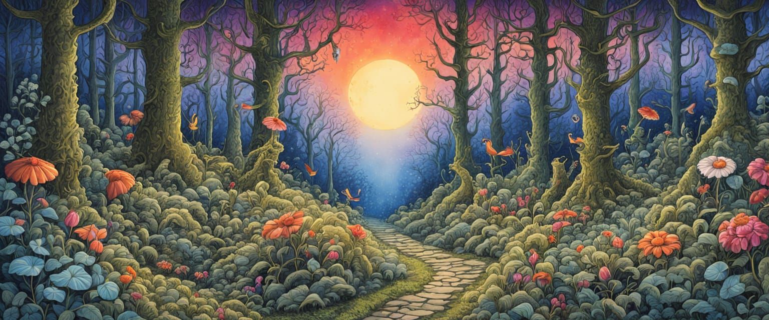 Magical Night Forest Path with Woodland Creatures