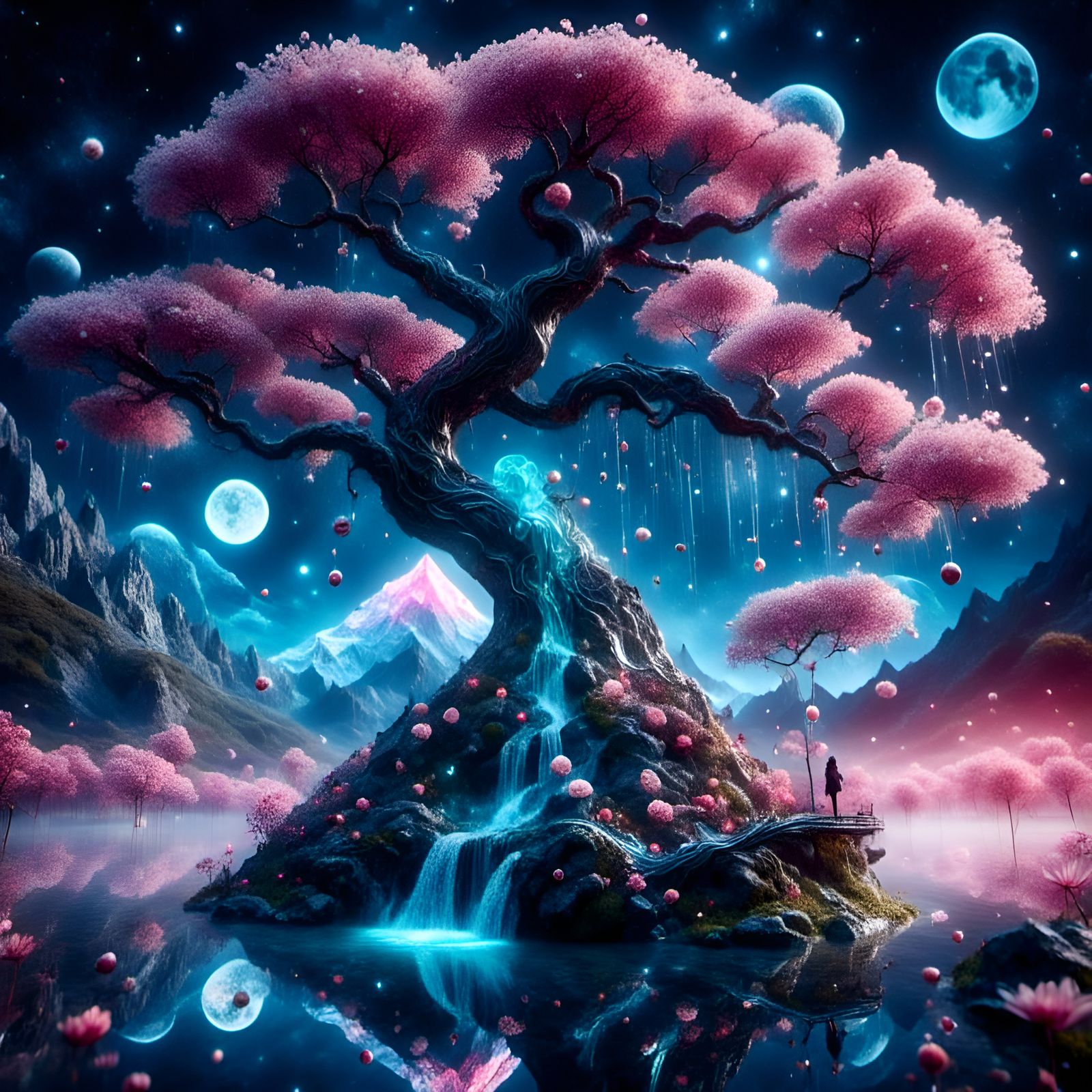 Hyperrealistic Cherry Blossom Waterfall Under Starry Clouds