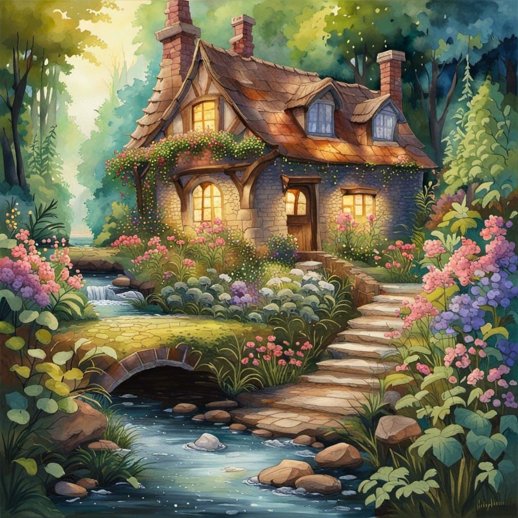 Enchanted Cottage in Lush Forest: Watercolor Gouache Art
