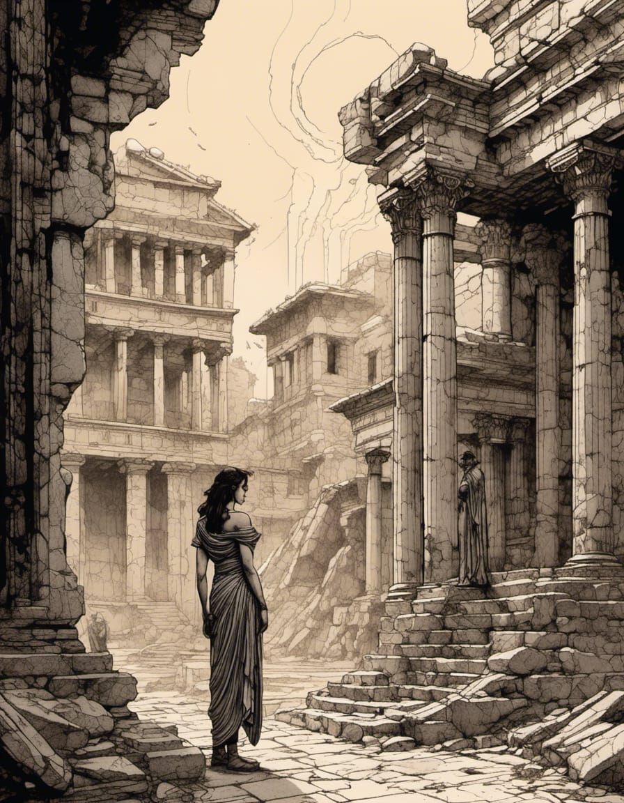 Greek Detective in Middle East, Moebius Pen-and-Ink Style