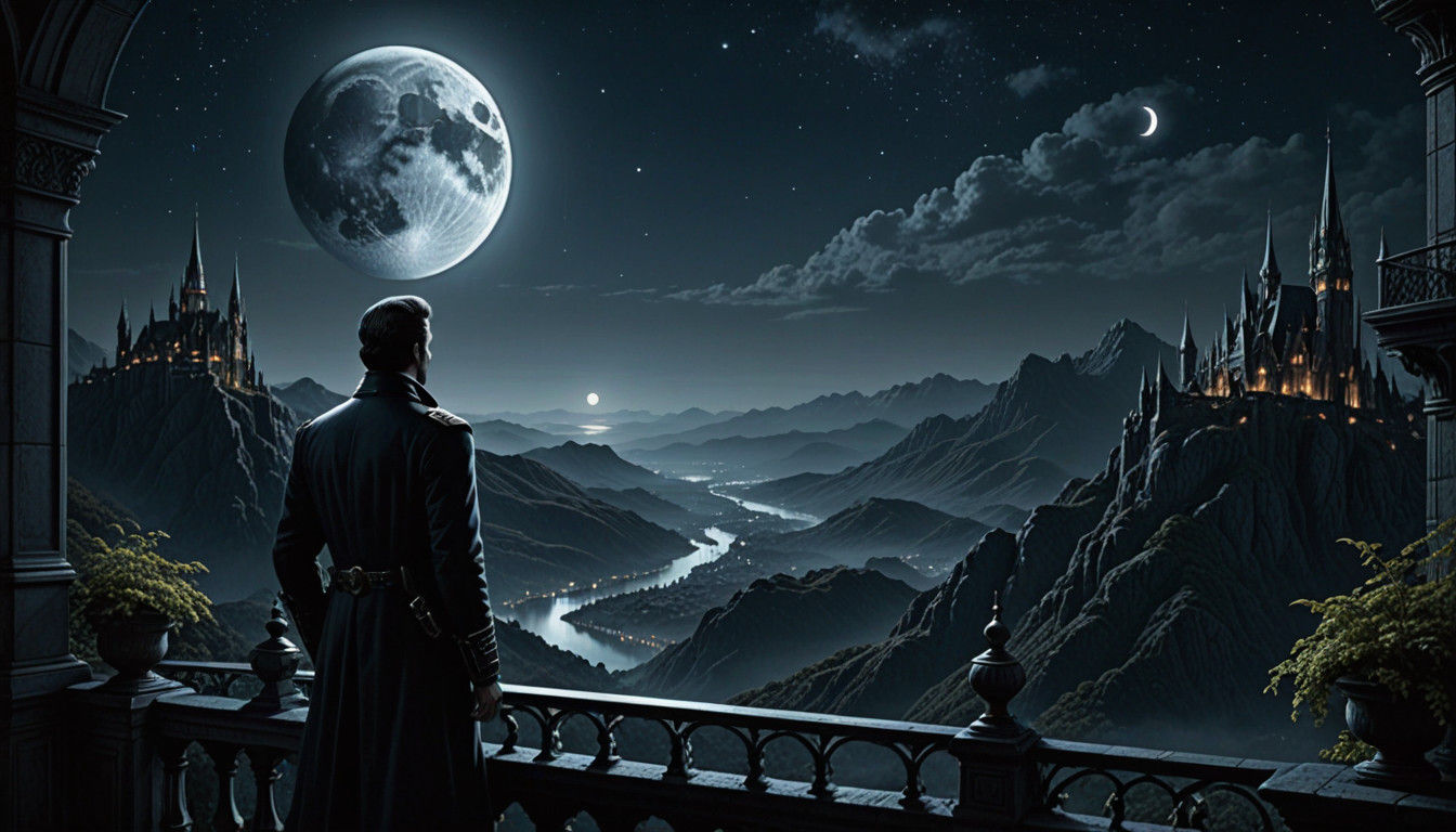 Epic Neo Gothic Victorian Man Contemplates Futuristic Moonli...