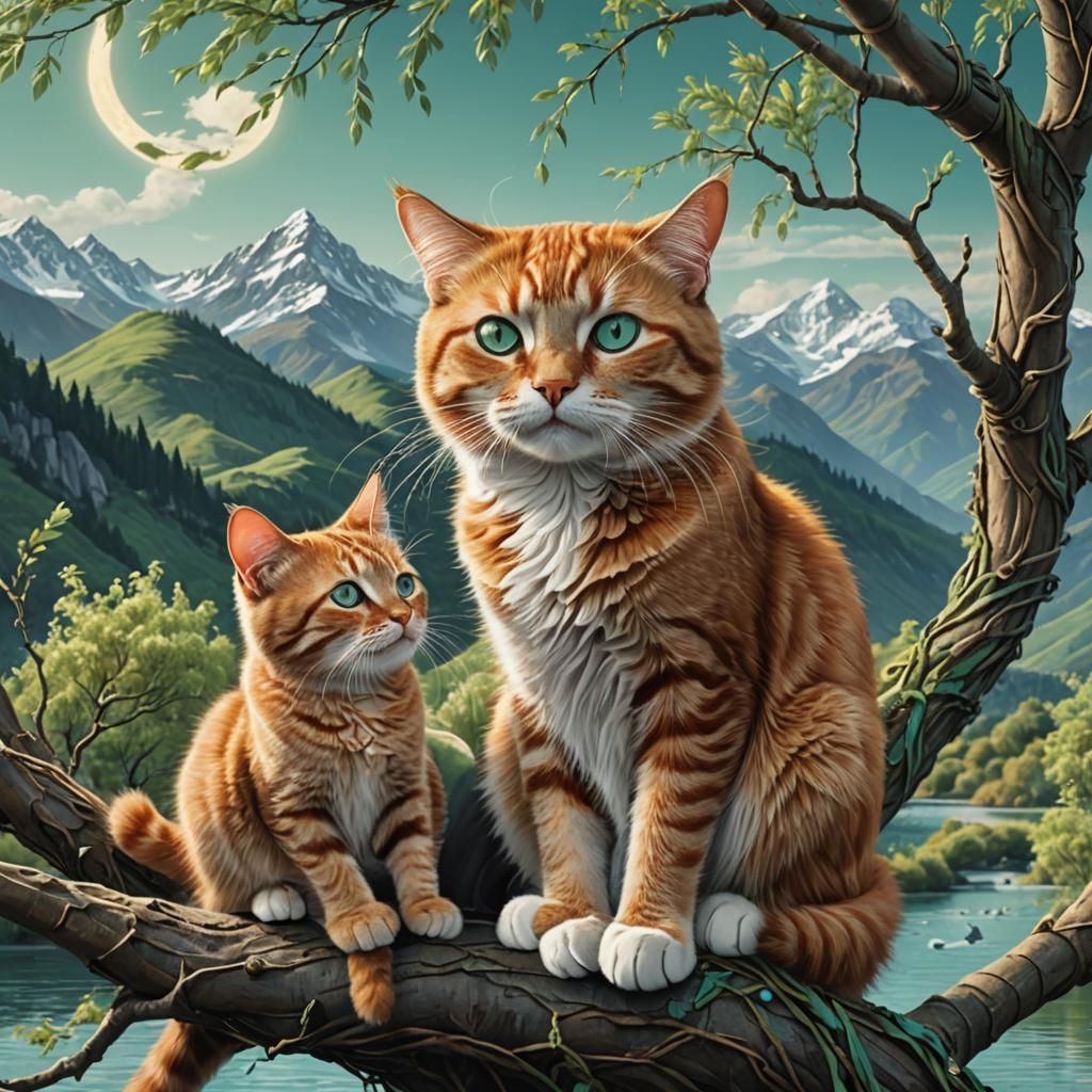 Cats in Love in Willow Tree: Fantasy Art