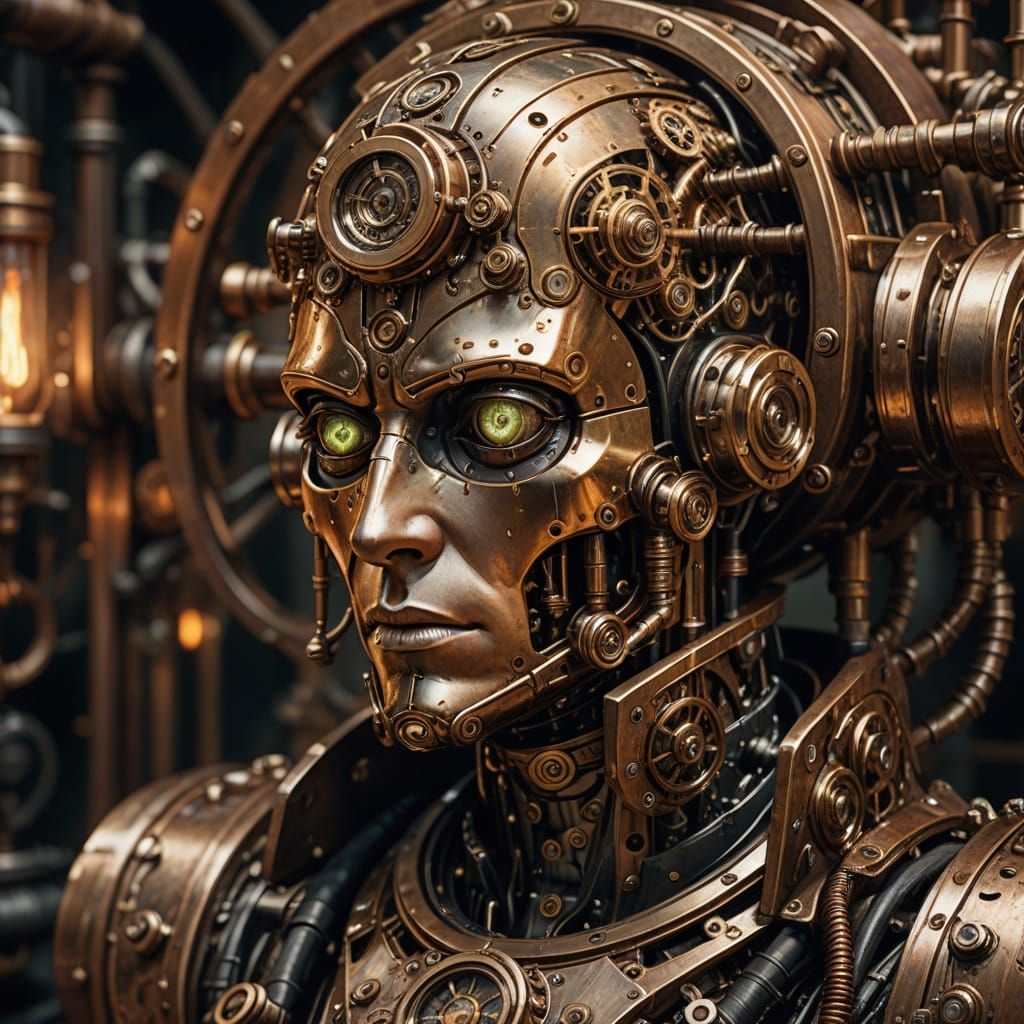 Steampunk Android Weeps Oil Tears in Dramatic Lighting