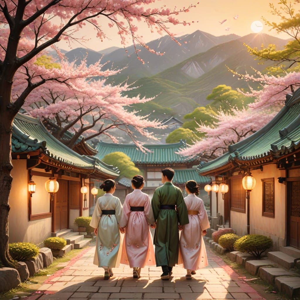 Peaceful Korean Garden at Sunset with Cherry Blossoms