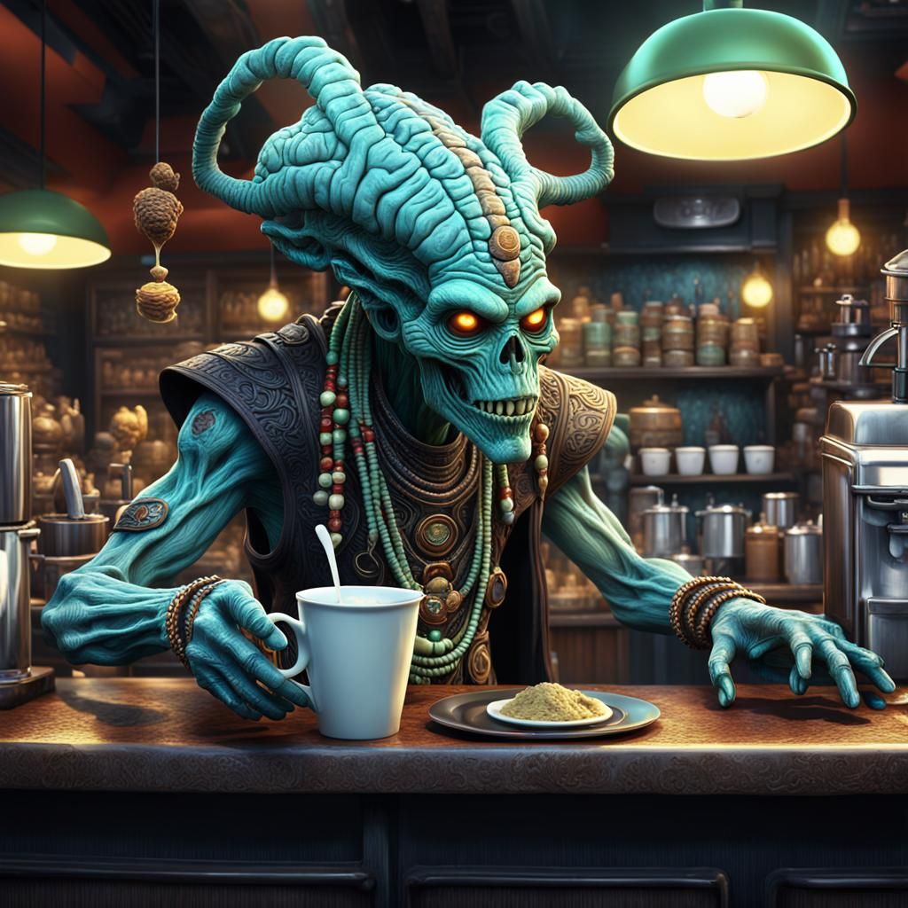 Alien Witch Doctor Barista Serving Brain Juice