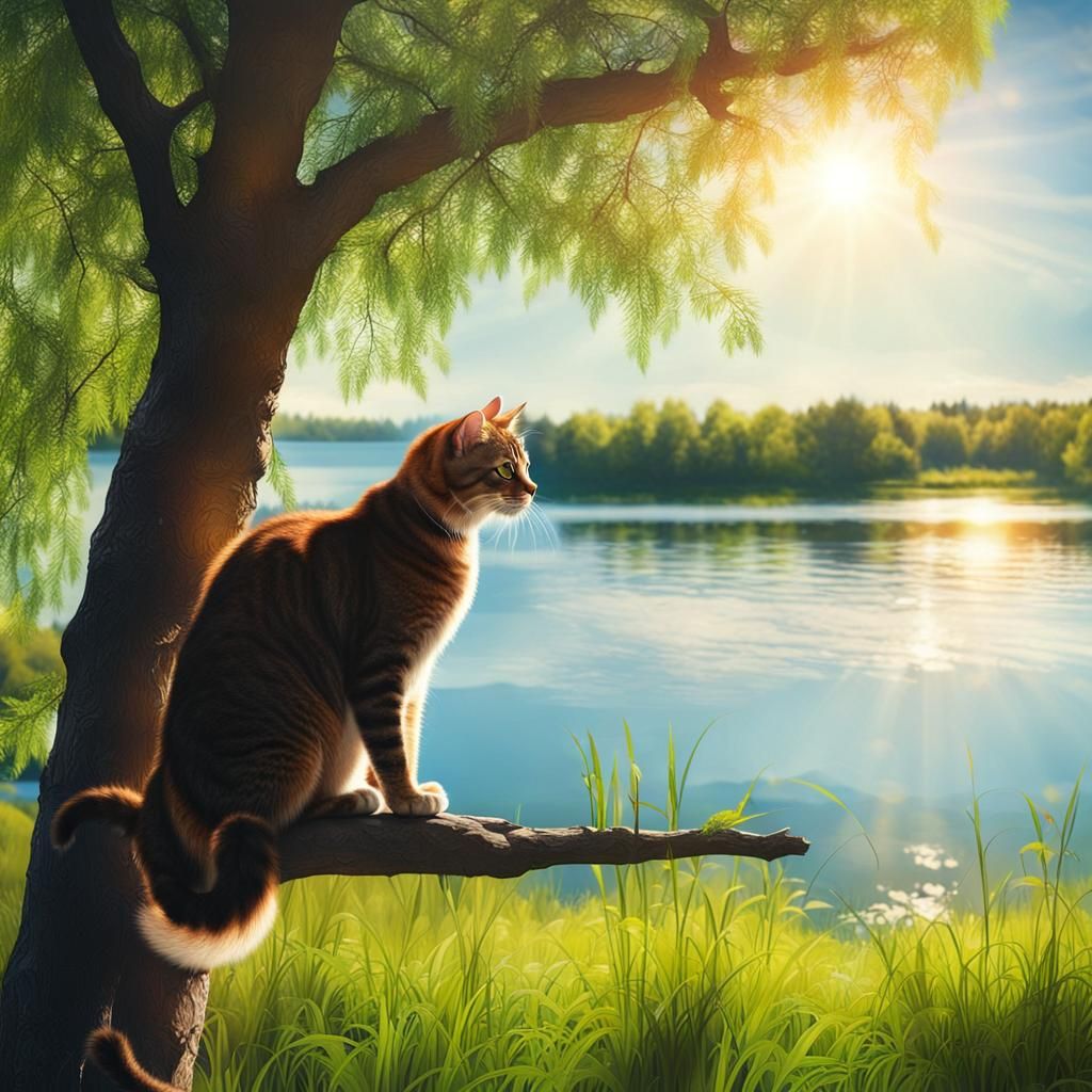 Cat Contemplates Sunny Day From Tree Branch