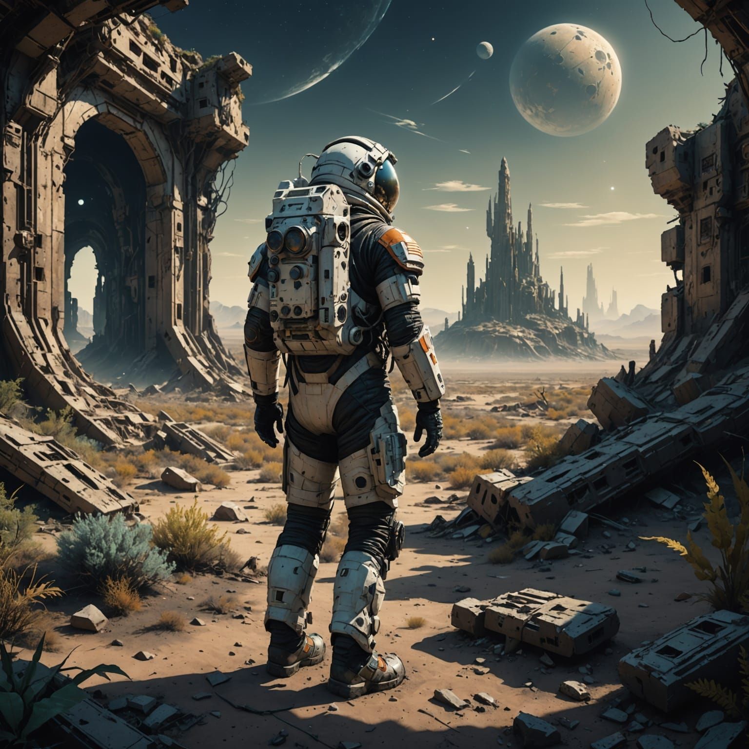 Lone Astronaut in Overgrown Ruins on Alien Planet