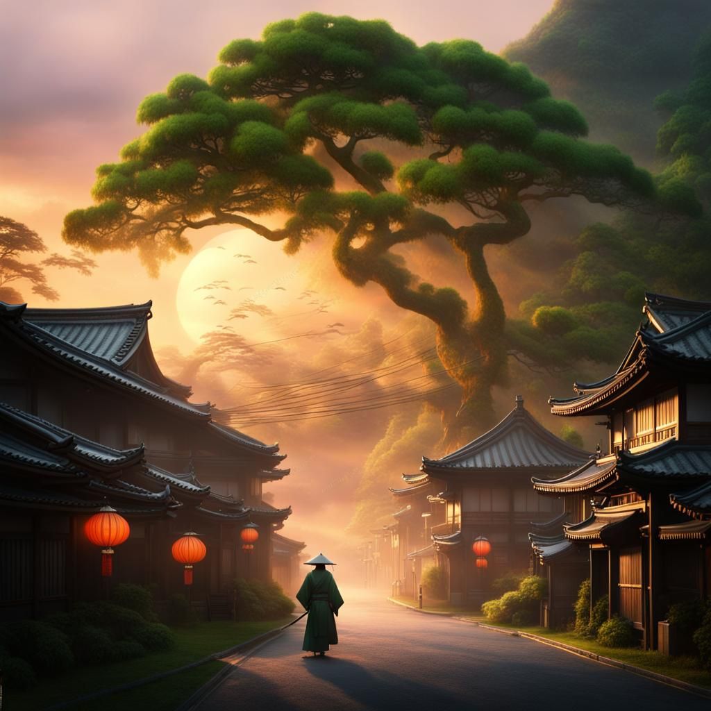 Ronin in Japanese Village at Sunset