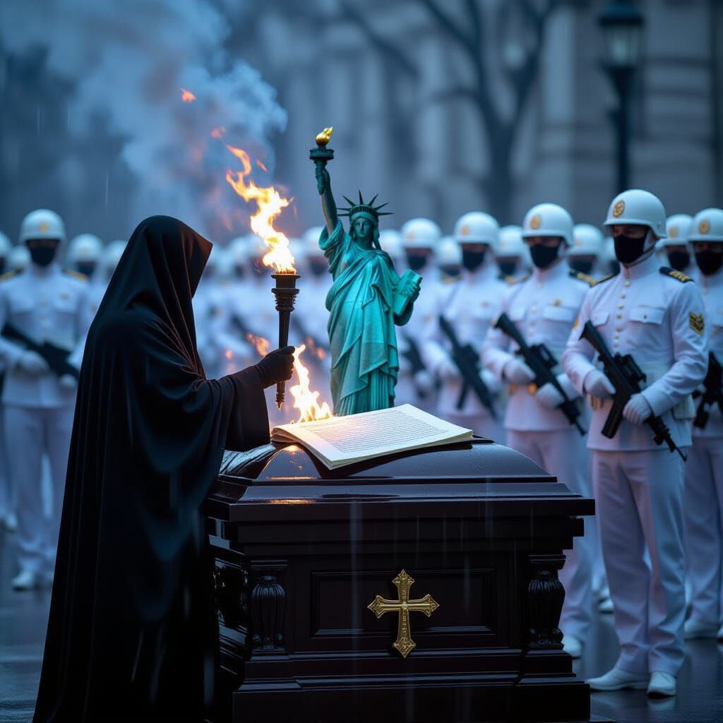 Solemn Funeral for Liberty with Burning Constitution