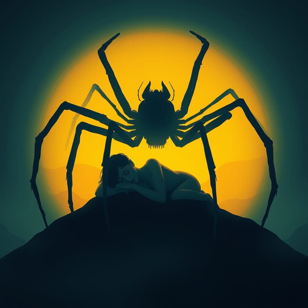 Surreal Woman Surrounded by Spiders in a Dreamlike Scene