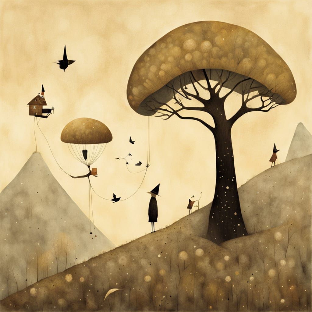 Playful Wanderer: Surreal Whimsical Primitivism Painting