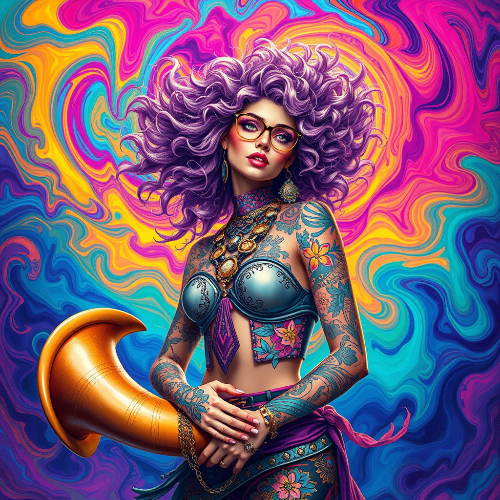Psychedelic Woman with Megahorn in Digital Art Style
