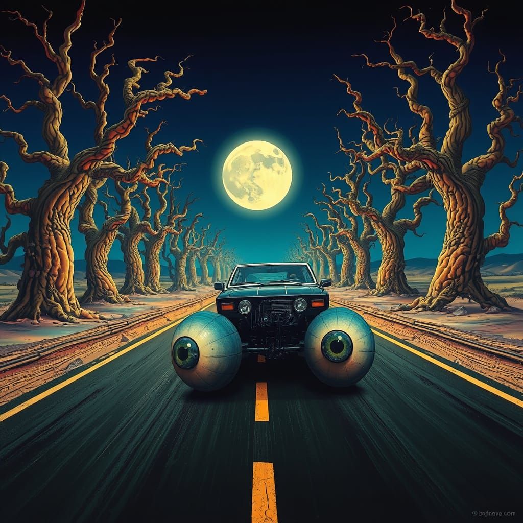 Surrealist Vehicle Drives Down Moonlit Highway