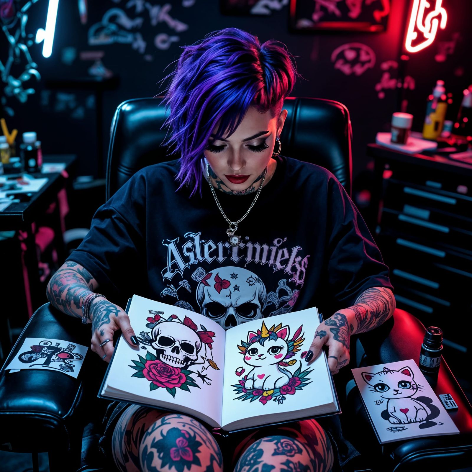 Punk Goth Girl in Tattoo Studio with Sketchbook