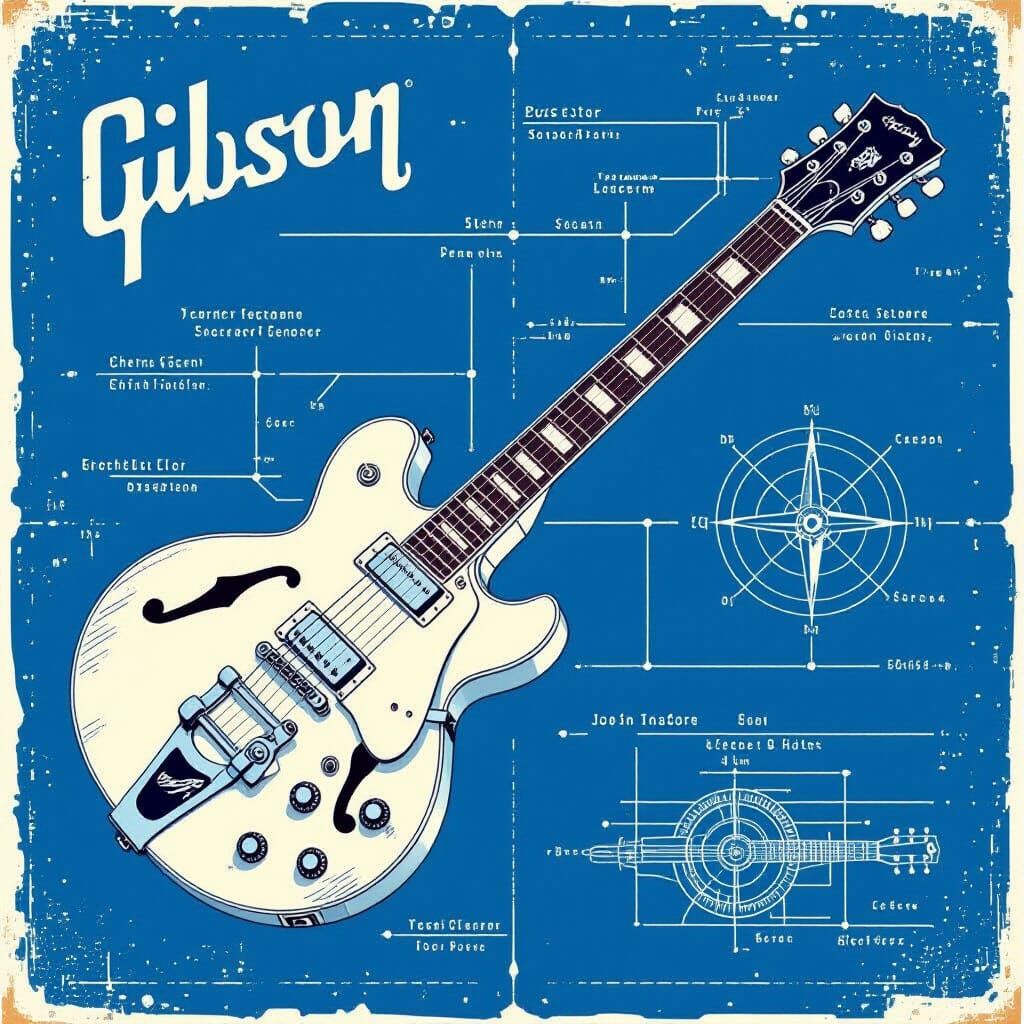 Gibson Guitar Blueprint in Retro-Futuristic Style