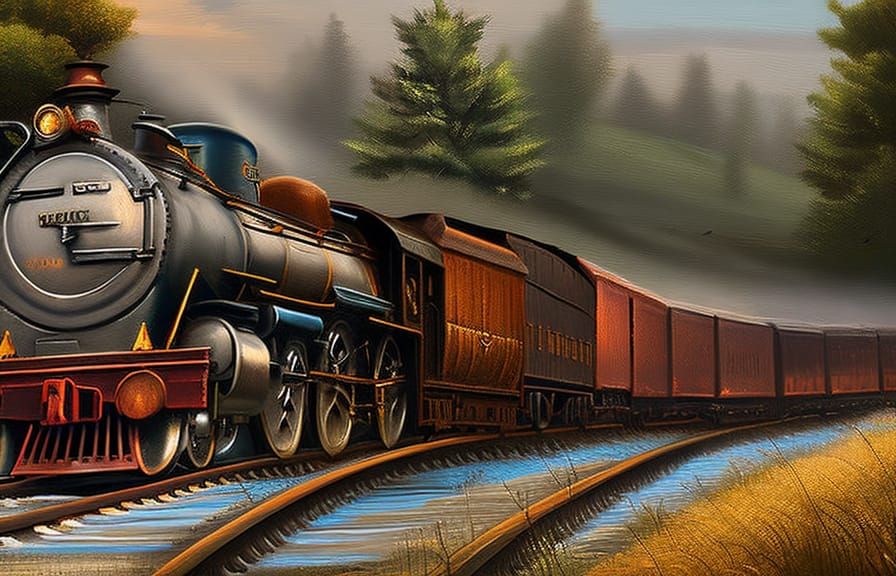 Trains Speeding on Countryside Rail as Digital Oil Painting