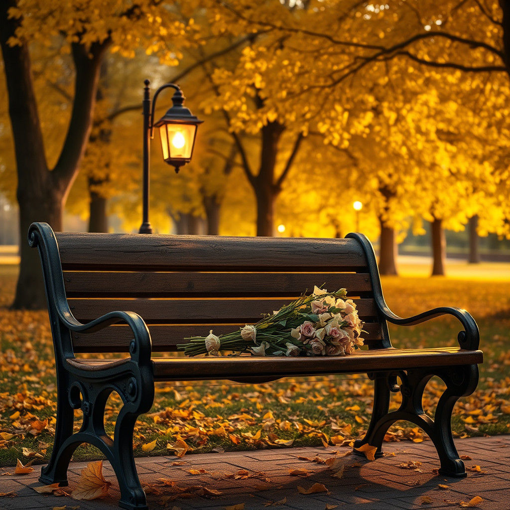 Autumn Park Bench in Golden Hour Light