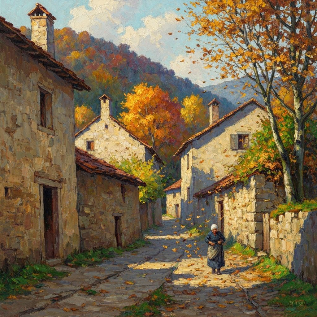 Autumn Village Scene with Woman and Leaves in Impressionist ...