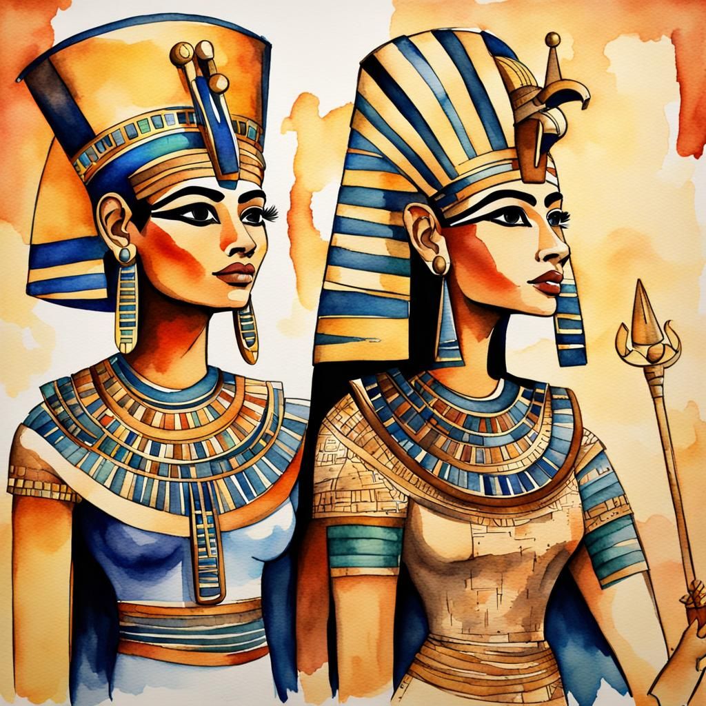 Elegant Egyptian Queens in Watercolor Painting