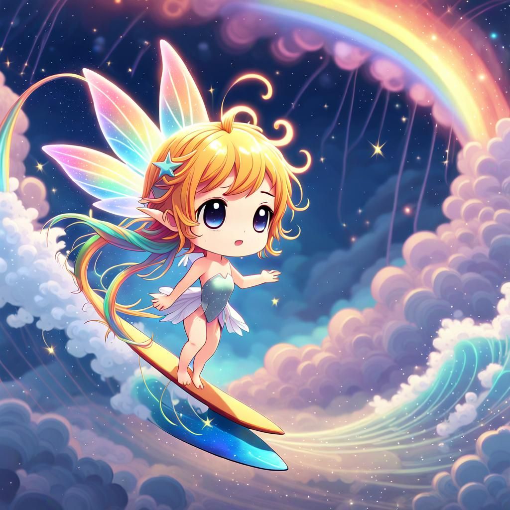 Ethereal Chibi Rainbow Fairy Surfer on a Comet's Golden Tail
