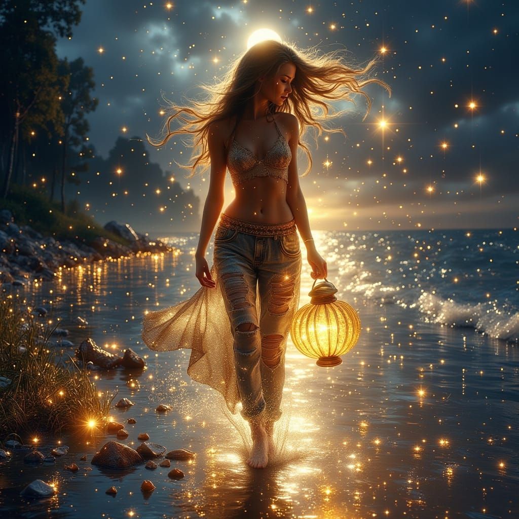 Moonlit Beach: Woman with Lantern in Hyperrealistic Style