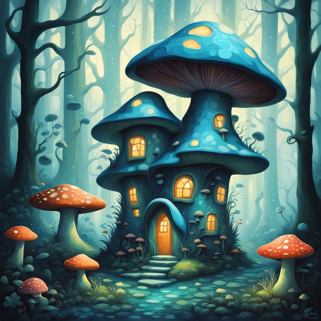 Enchanted Mushroom House in Bioluminescent Forest, Cubism St...