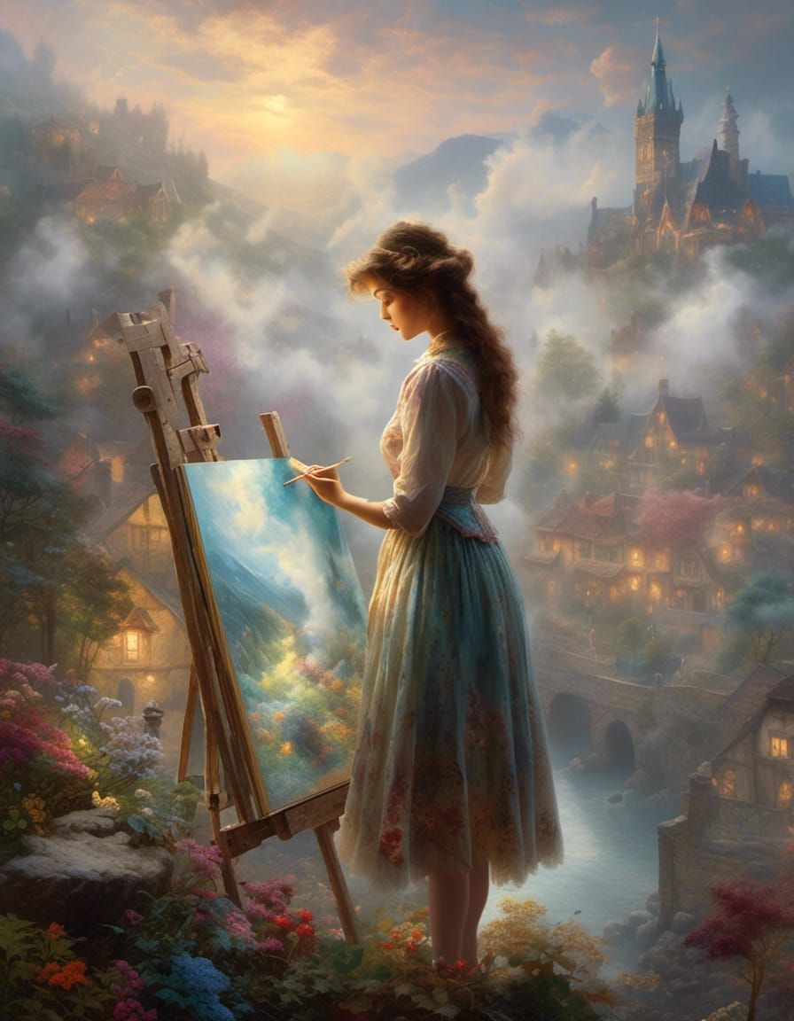 Woman Painter Contemplates Blank Canvas in Hyperreal Style