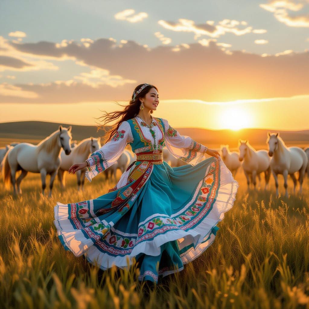 Kazakh Dancer with White Horses in Sunlit Steppe