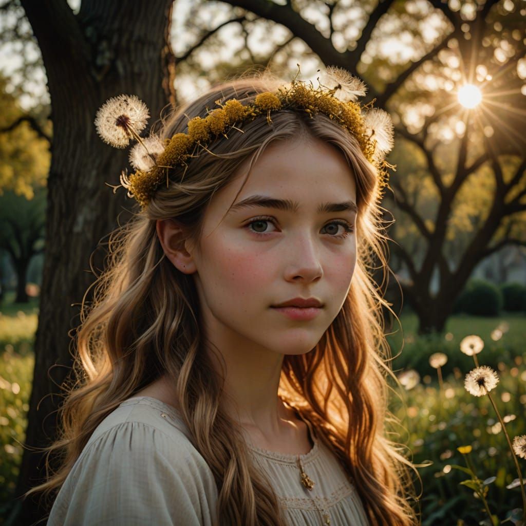 Girl Weaves Dandelion Crown in Golden Light