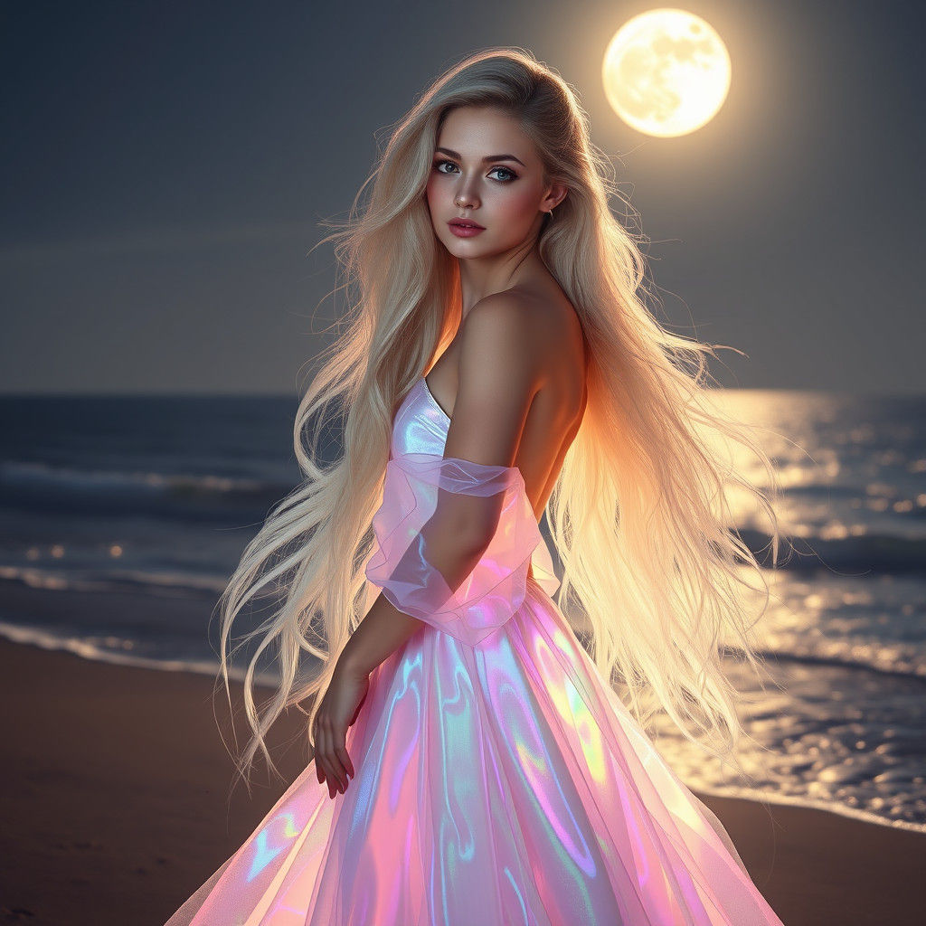 Mystical Woman on Moonlit Beach in 3D Render