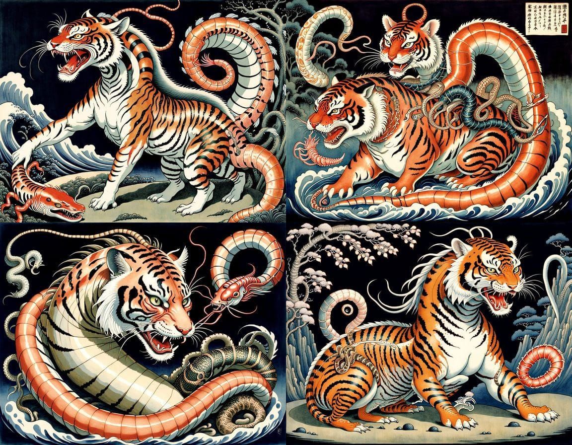 Surreal Japanese Woodblock Samurai Geisha Tiger Zygote