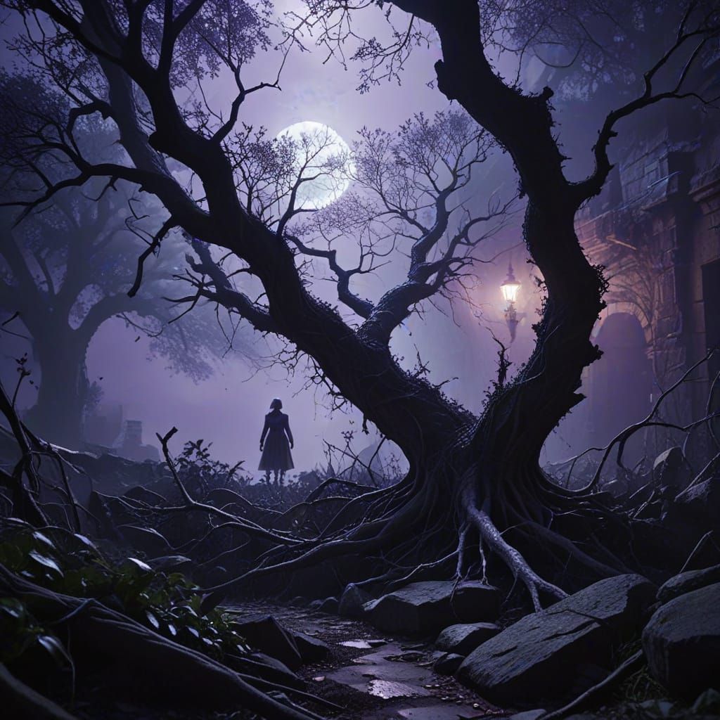 Eerie Dark Fantasy Garden Scene in Rutkowski Style